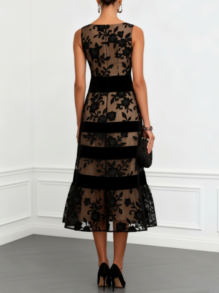 Floral Embroidered Mesh Sleeveless Tiered A-Line Midi Dress
