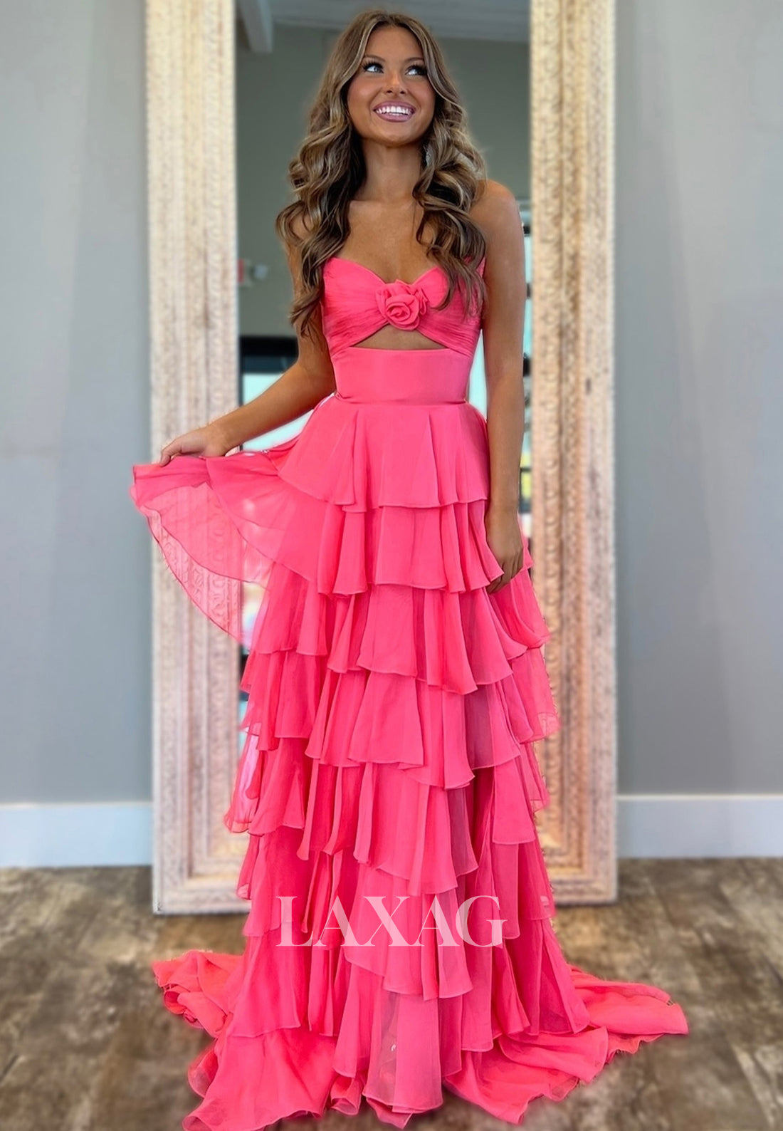 Sweetheart Off-Shoulder Sleeveless Pleated Tiered Sweep Train A-Line Formal Prom Dress with Slit