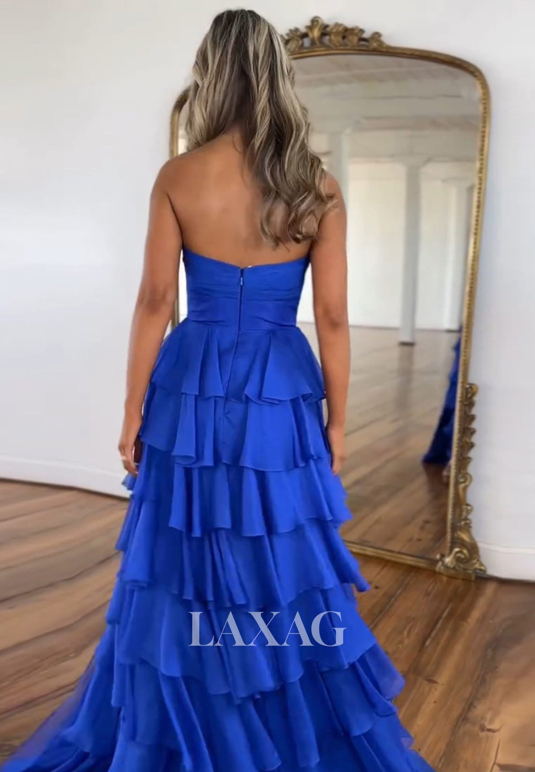 Sweetheart Off-Shoulder Sleeveless Pleated Tiered Sweep Train A-Line Formal Prom Dress with Slit