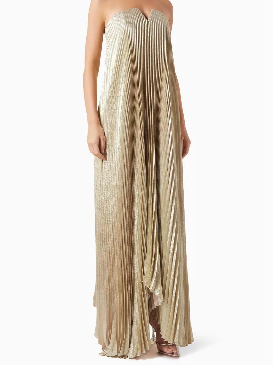 Metallic Micro Pleated Strapless Notch Neck A-Line Maxi Gown