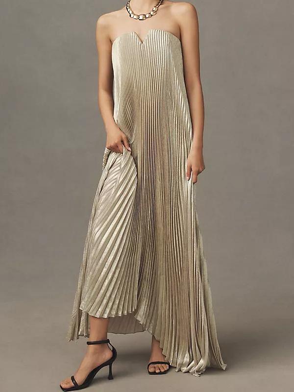 Metallic Micro Pleated Strapless Notch Neck A-Line Maxi Gown