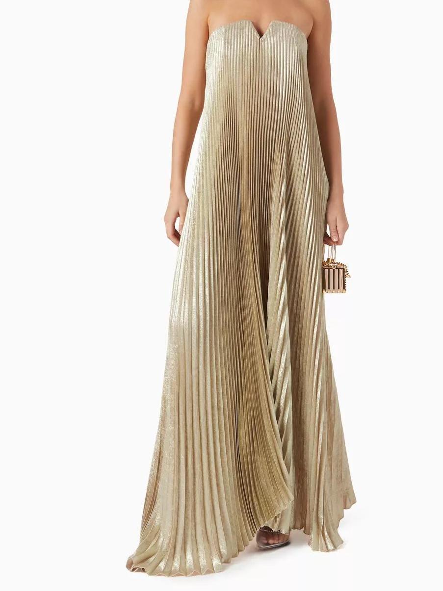 Metallic Micro Pleated Strapless Notch Neck A-Line Maxi Gown