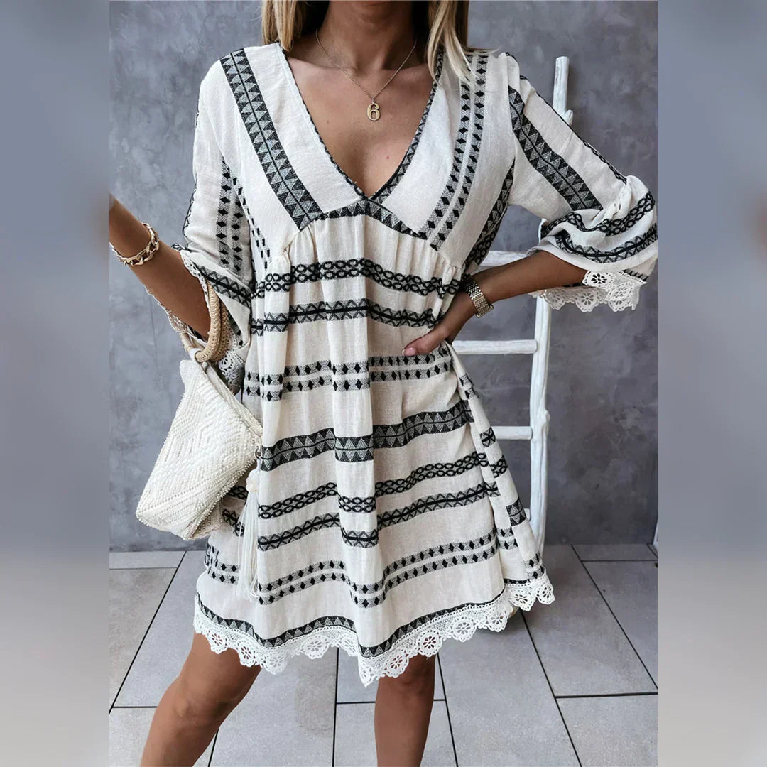 Geometric Print V-Neck Bell Sleeve Lace Trim Babydoll Mini Dress