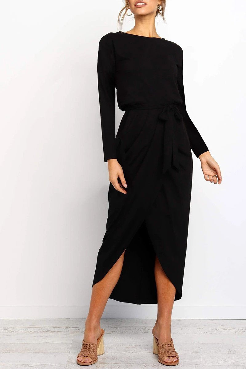 Boat Neck Long Sleeve Tie Waist Wrap Tulip Hem Front Slit Midi Dress
