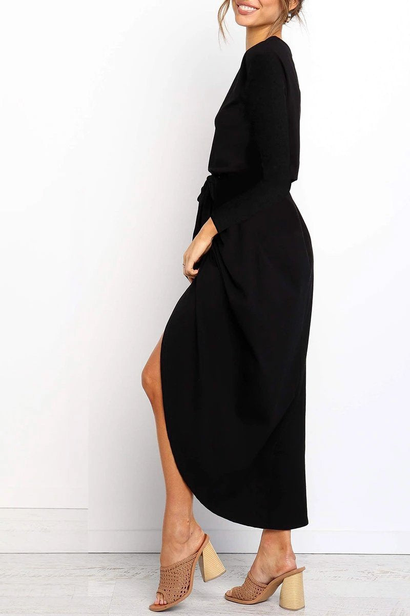 Boat Neck Long Sleeve Tie Waist Wrap Tulip Hem Front Slit Midi Dress