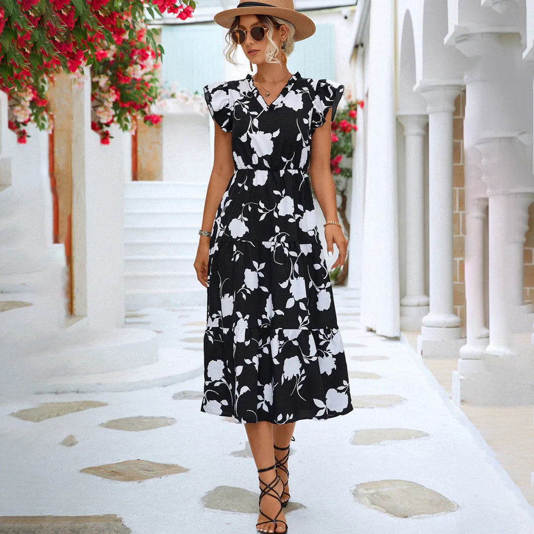 Floral Print V-Neck Flutter Sleeve Elastic Waist Tiered Ruffle Midi Summer Dress