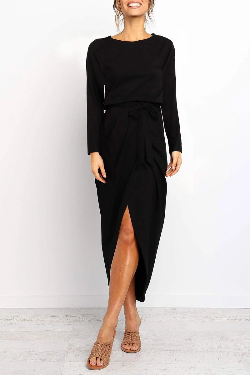 Boat Neck Long Sleeve Tie Waist Wrap Tulip Hem Front Slit Midi Dress