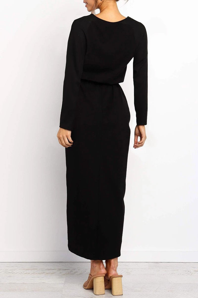 Boat Neck Long Sleeve Tie Waist Wrap Tulip Hem Front Slit Midi Dress