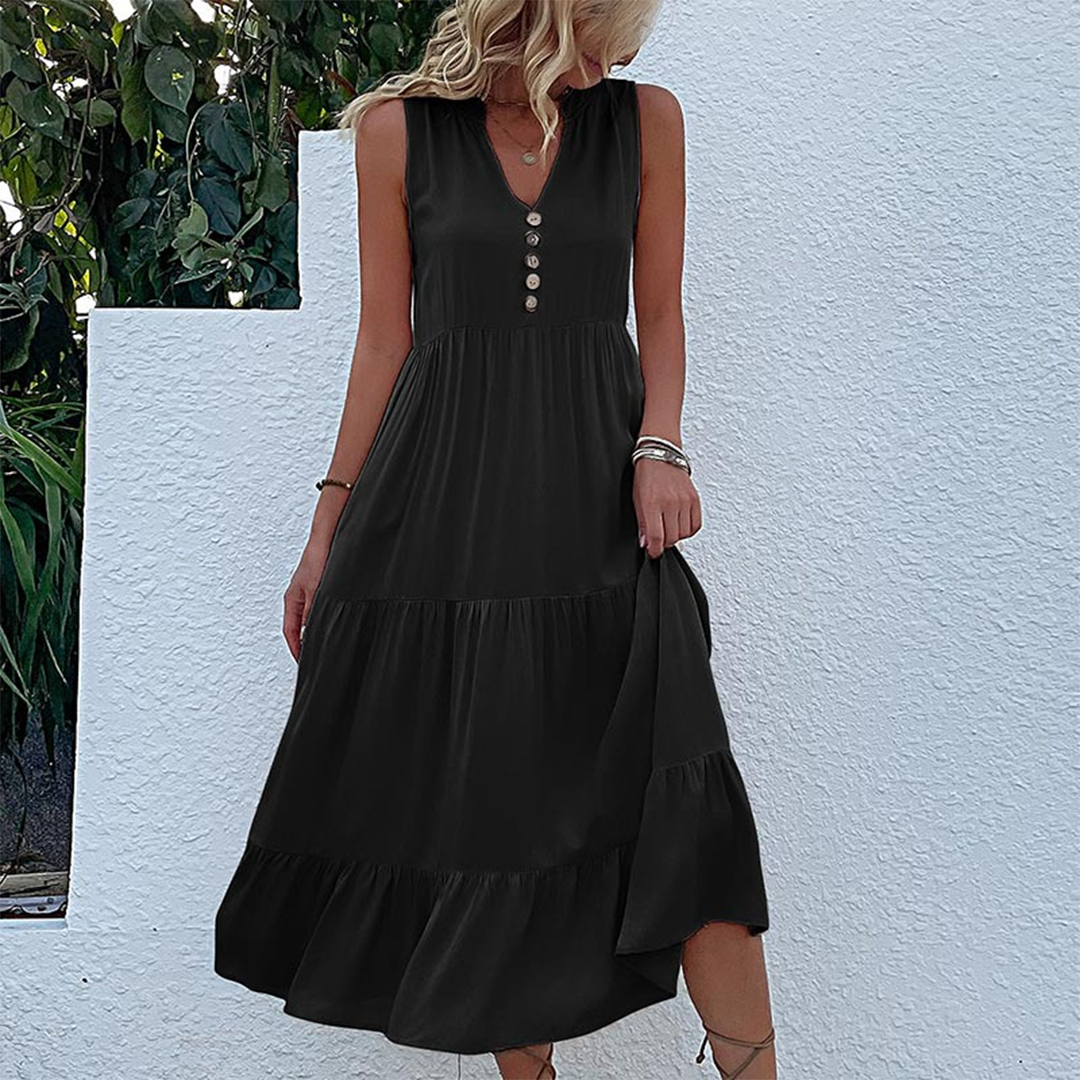 Sleeveless V-Neck Button Front Tiered Babydoll Midi Summer Dress