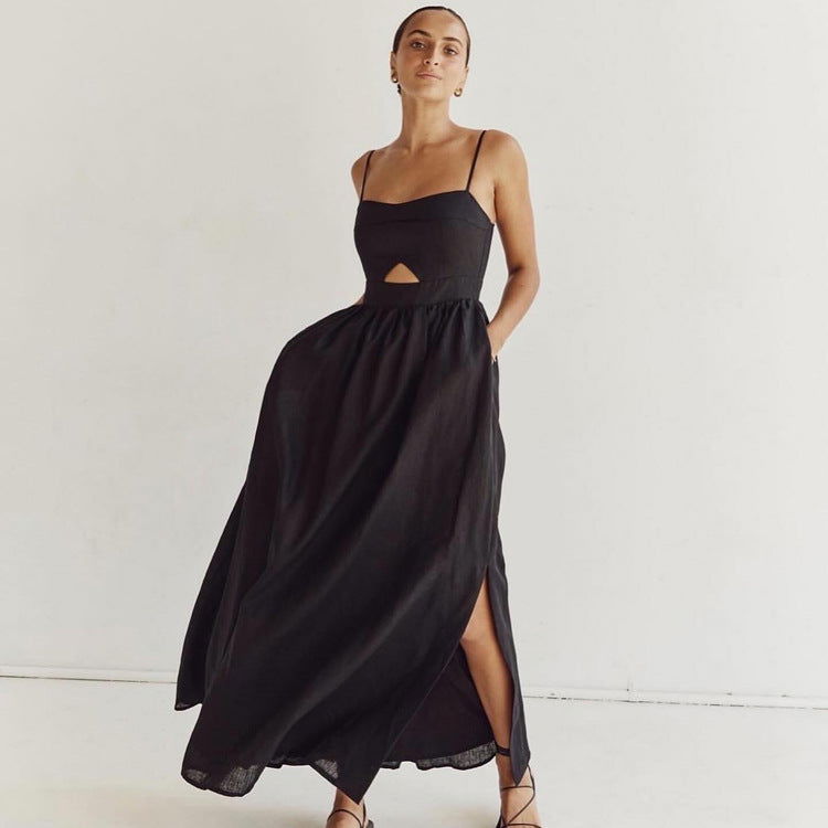 Black Breathable Sling High Waist French Dress Holiday Long