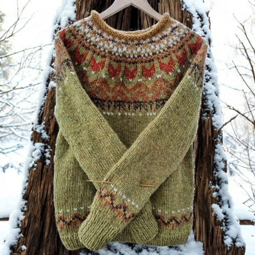 Crew Neck Long Sleeve Fair Isle Knit Sweater