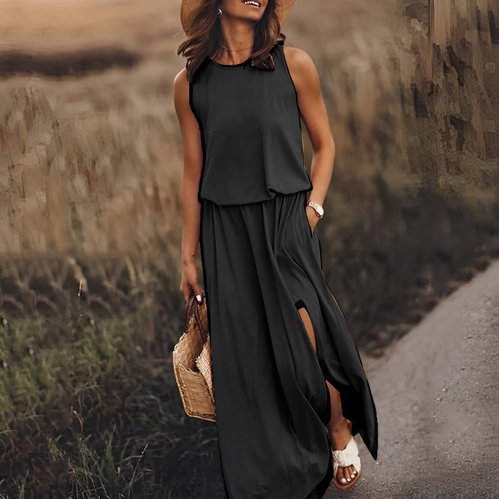 Satin Crew Neck Sleeveless High Split Maxi Summer Dress