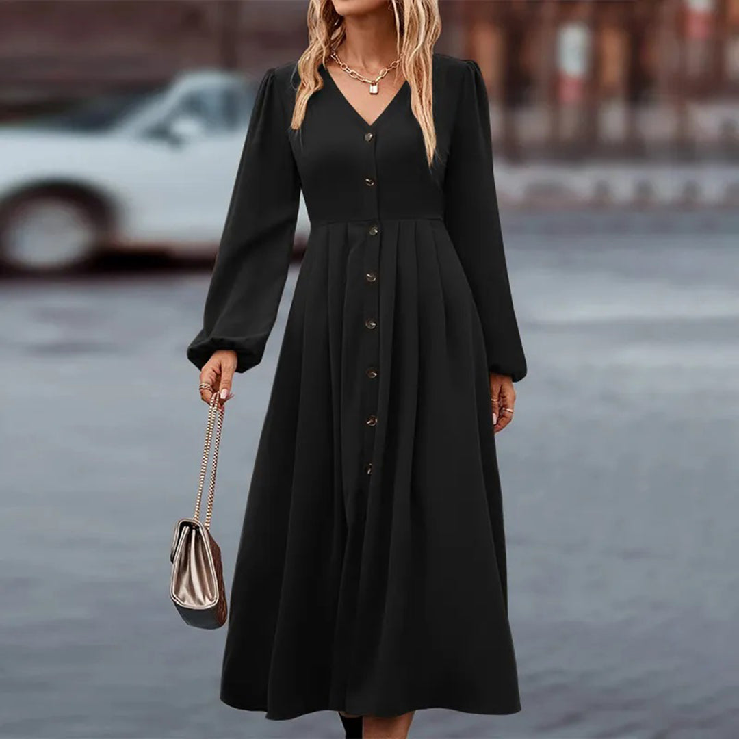 V-Neck Long Lantern Sleeve Button Front Pleated Maxi Dress