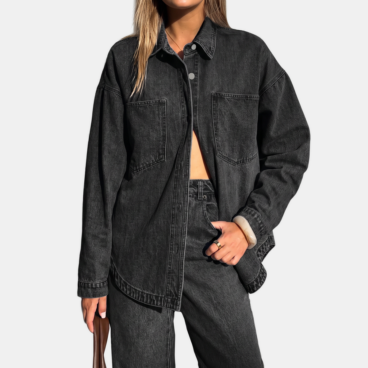 Oversized Chest Pocket Button Front Denim Shirt Jacket