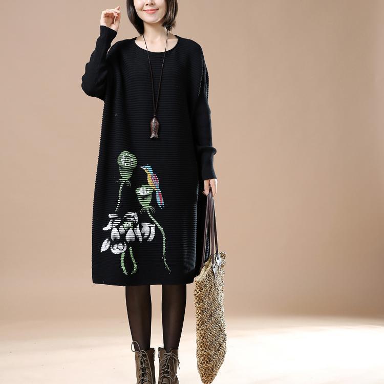 Black floral sweaters long knit dress