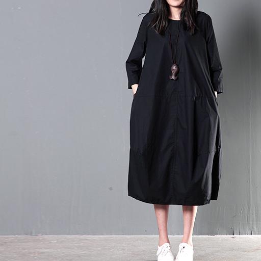 Oversized Round Neck Three Quarter Sleeve Pocket Midi Kaftan Dress