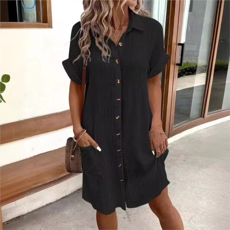 Textured Gauze Button Front Short Sleeve Shirt Dress