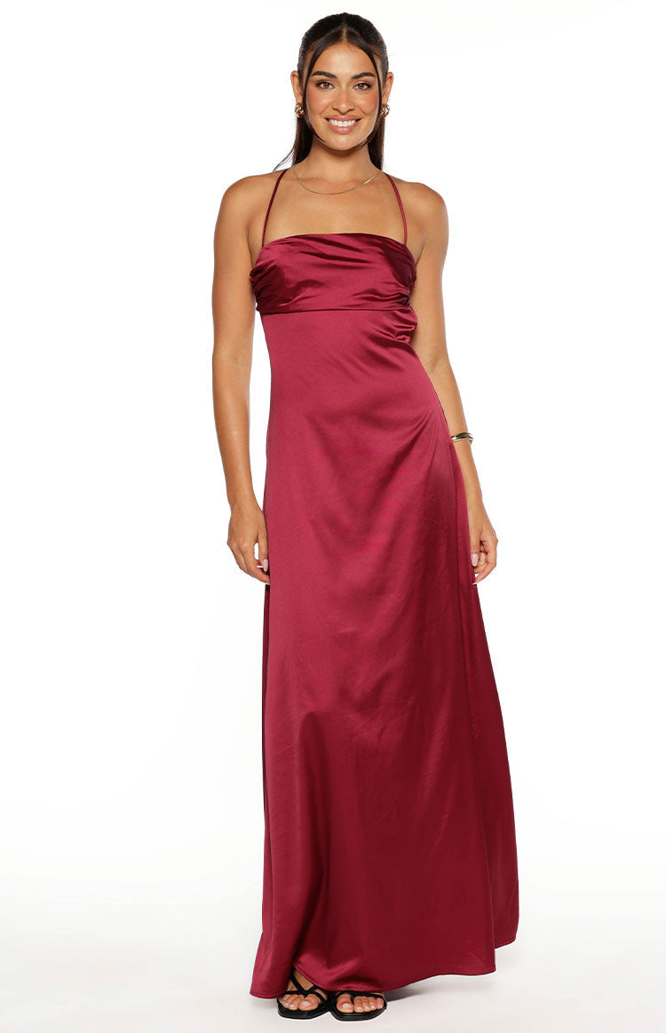 Satin Cowl Neck Strappy Tie Back Ruched Maxi Dress 2