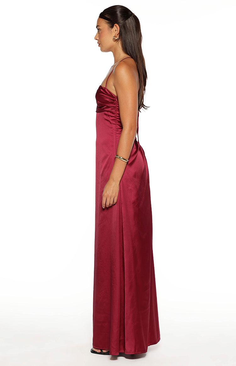 Satin Cowl Neck Strappy Tie Back Ruched Maxi Dress 6