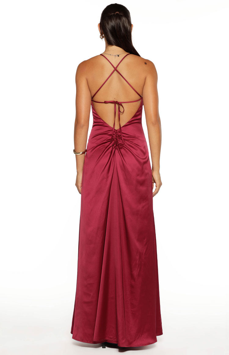 Satin Cowl Neck Strappy Tie Back Ruched Maxi Dress 7