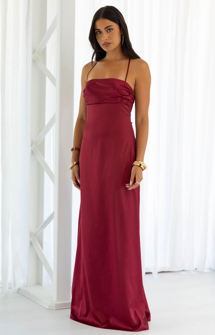 Satin Cowl Neck Strappy Tie Back Ruched Maxi Dress 3