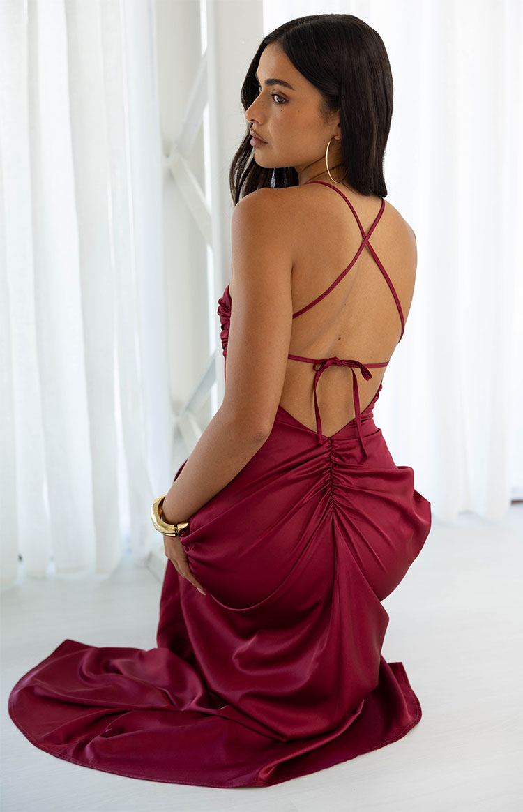 Satin Cowl Neck Strappy Tie Back Ruched Maxi Dress 4