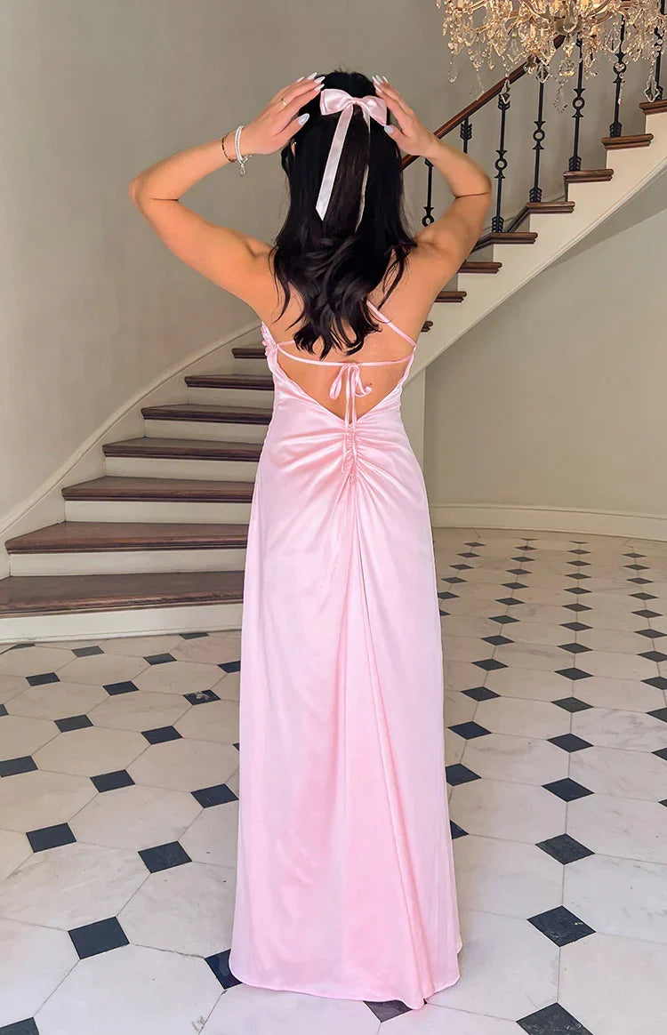 Satin Cowl Neck Lace Up Back Ruched Maxi Dress 10
