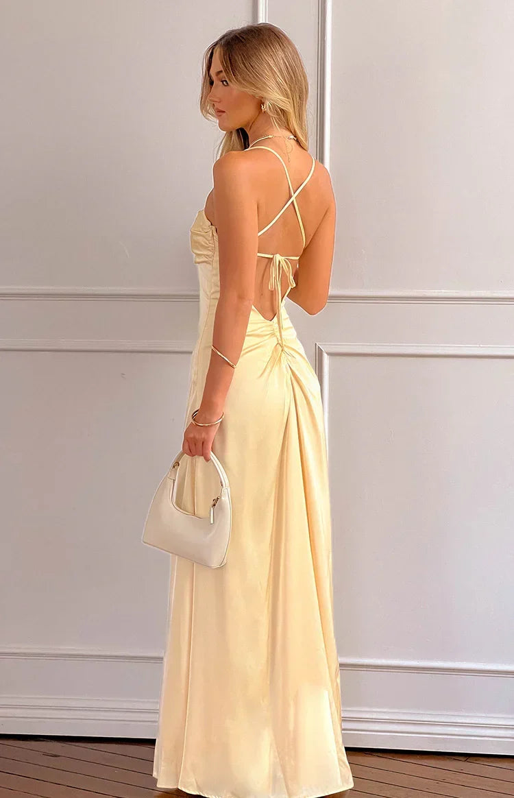 Satin Draped Straight Neck Spaghetti Strap Column Maxi Dress 10