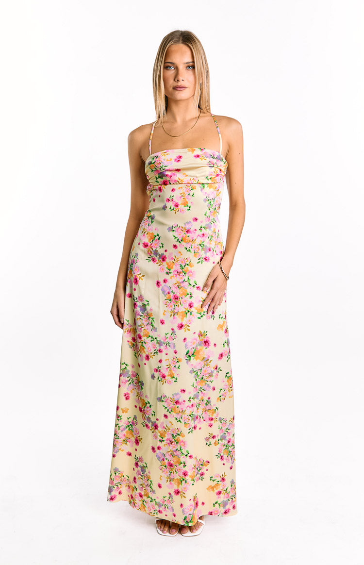 Floral Print Satin Cowl Neck Strappy Lace Up Back Maxi Dress 5