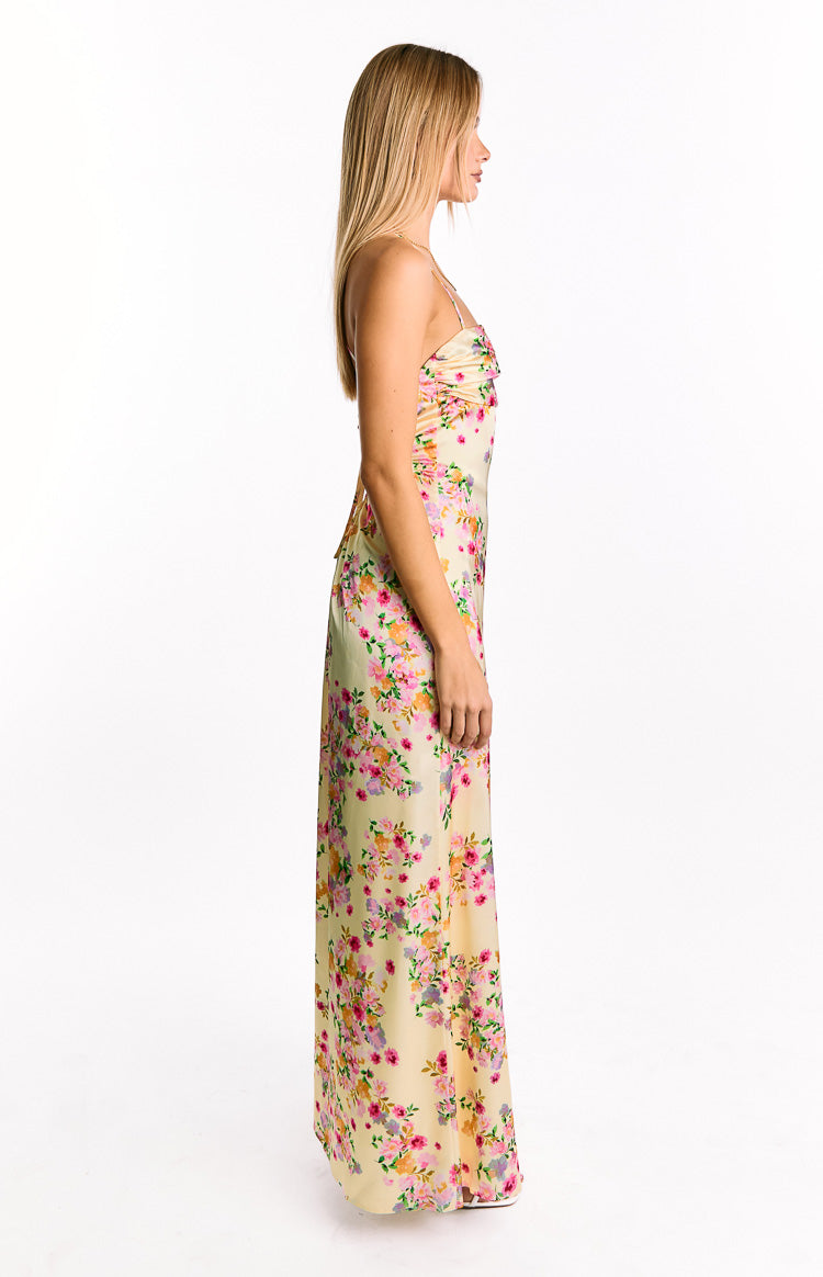 Floral Print Satin Cowl Neck Strappy Lace Up Back Maxi Dress 3