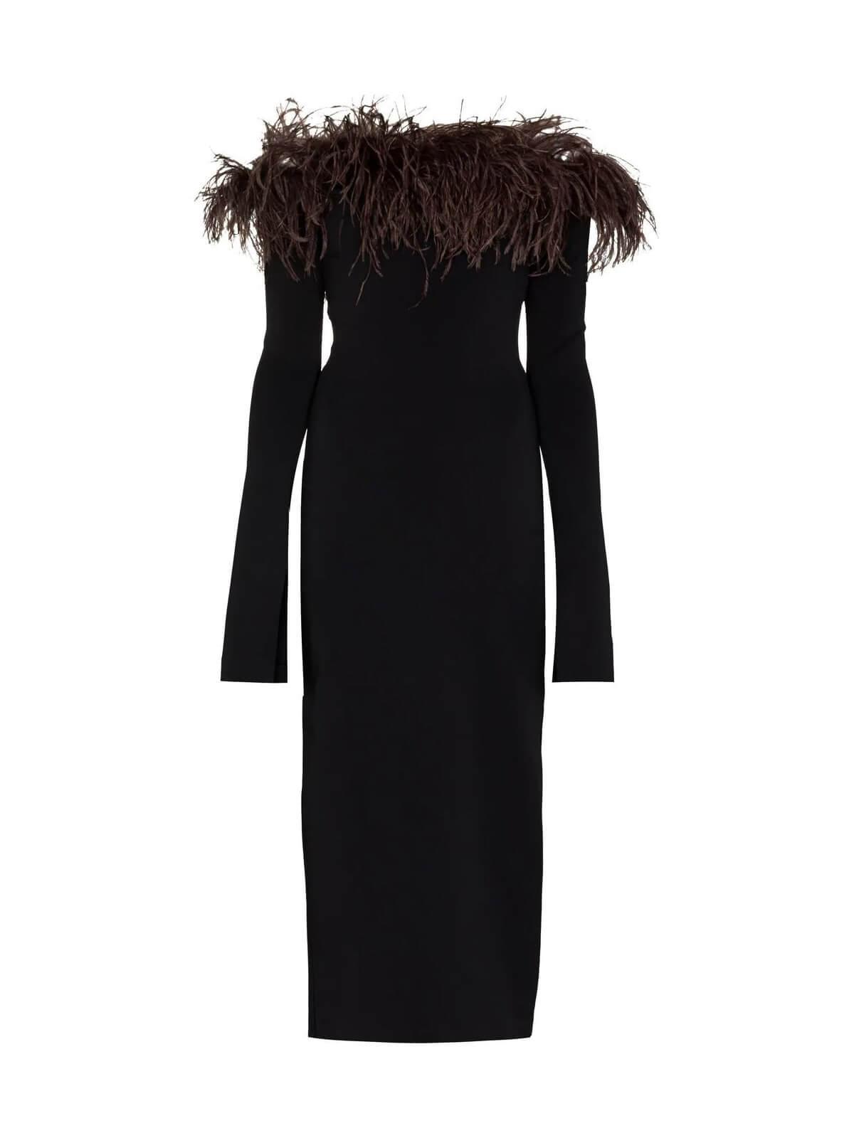Off Shoulder Feather Trim Long Sleeve Bodycon Midi Dress