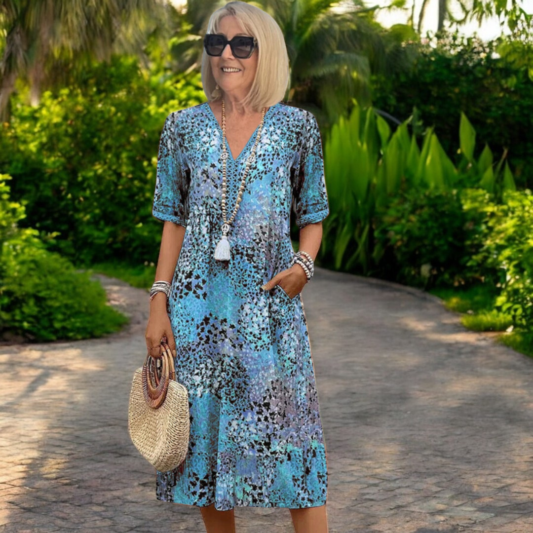 Animal Print V-Neck Short Sleeve Tiered Midi Dress