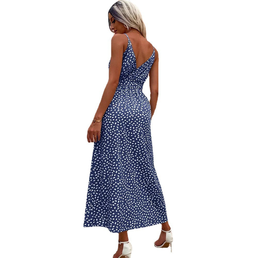 Spaghetti Strap V-Neck Wrap Tie Waist Dual Slit Ditsy Print Maxi Dress