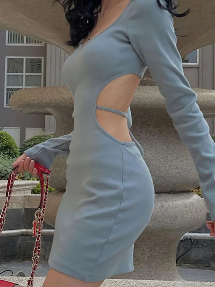 Blue Fashion Lace Up Backless V Neck Long Midi Dresses 2