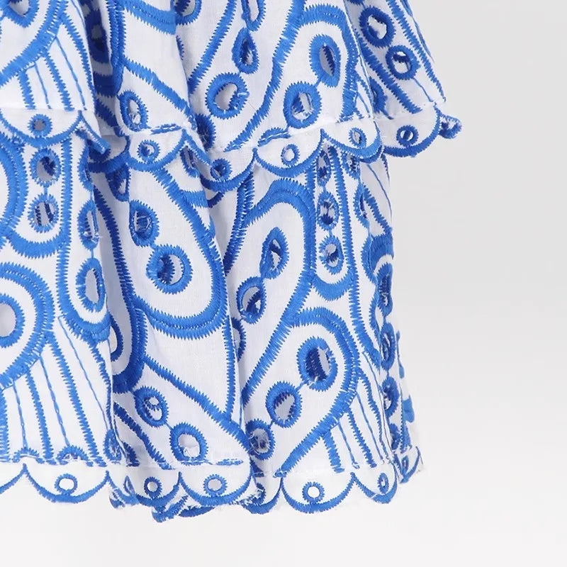 Eyelet Strapless Smocked Tiered Ruffle Mini Dress
