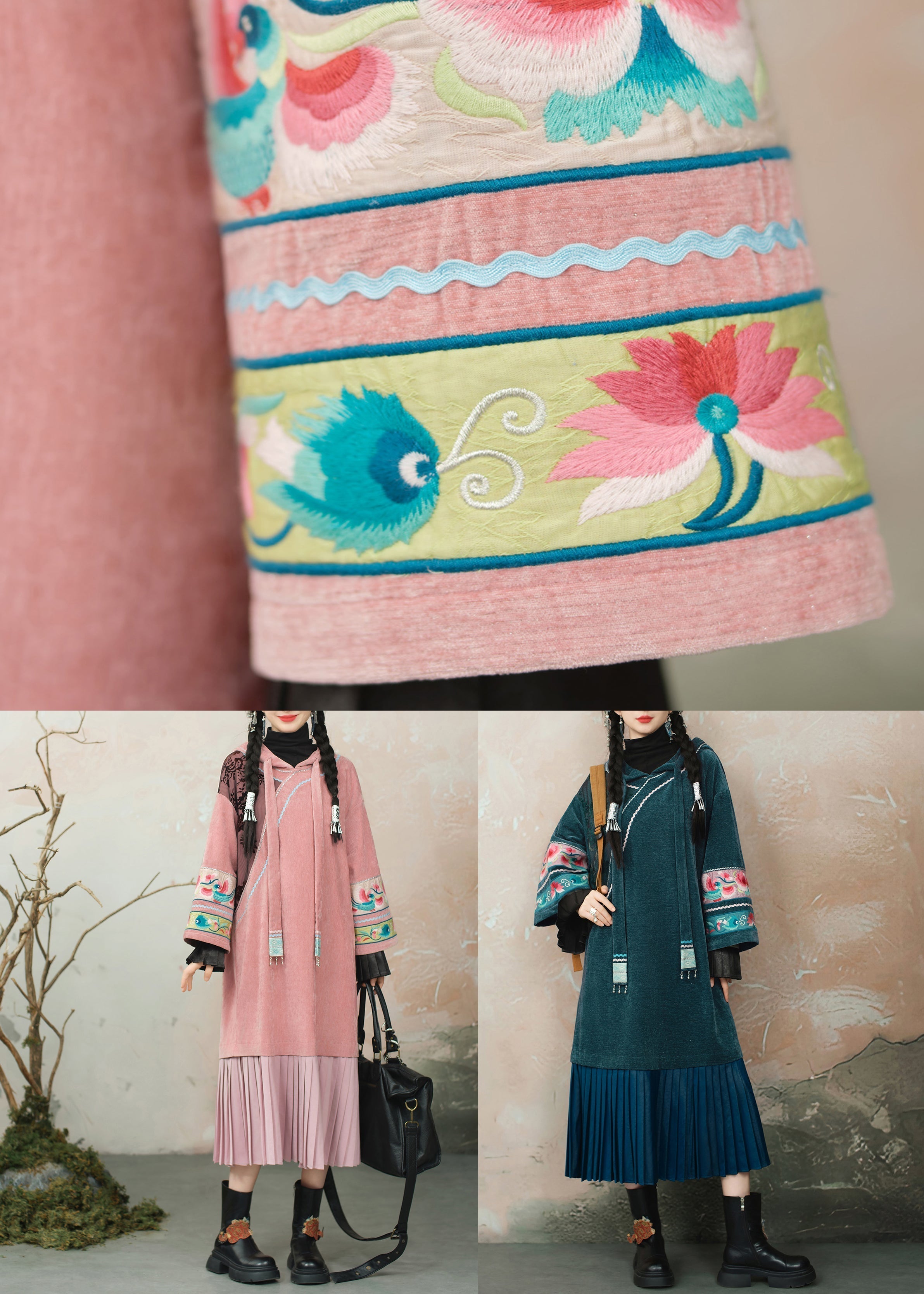 Blue Embroidered Wrinkled Patchwork Chenille Long Dress Hooded
