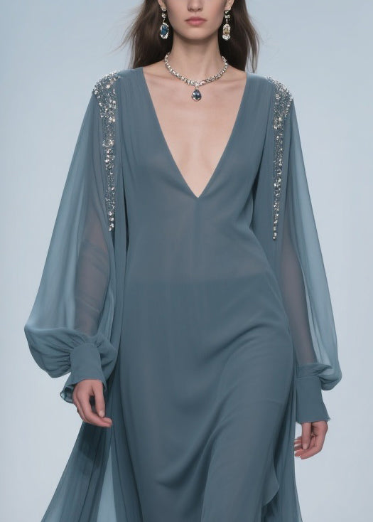 Chiffon Deep V-Neck Beaded Shoulder Bishop Sleeve Layered Maxi Gown
