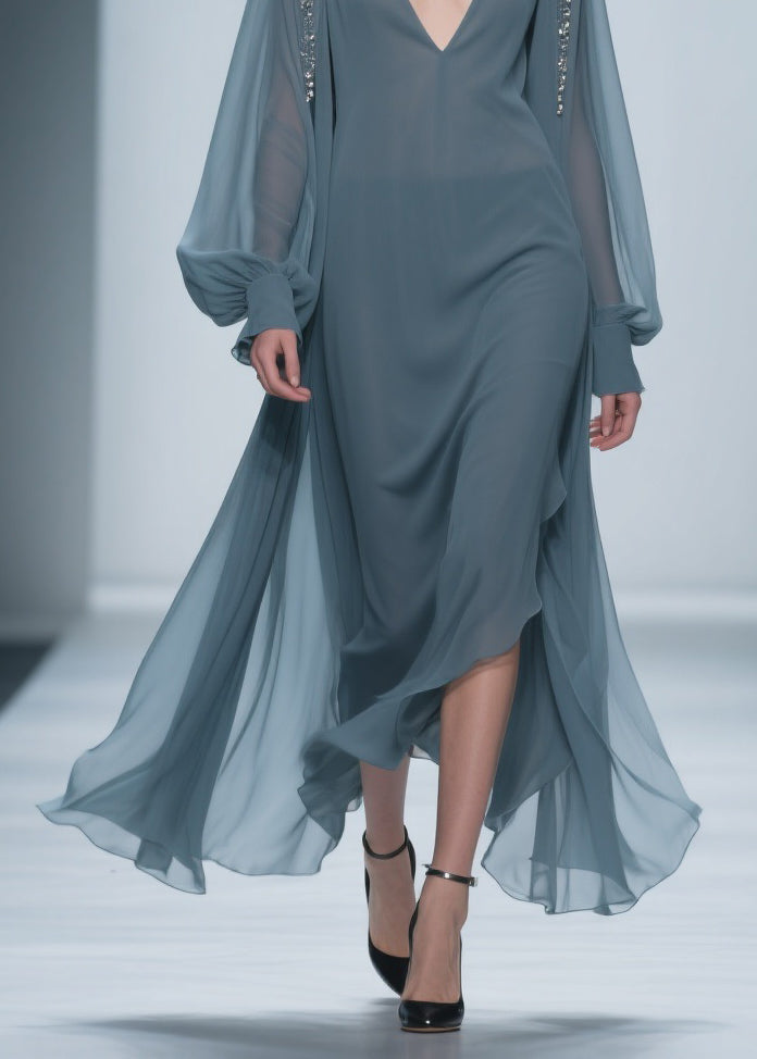 Chiffon Deep V-Neck Beaded Shoulder Bishop Sleeve Layered Maxi Gown