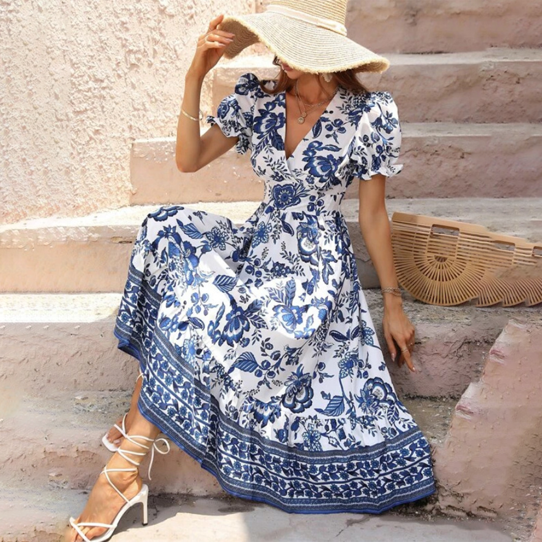 Floral Print V-Neck Puff Sleeve Tiered Ruffle Hem Midi Summer Dress