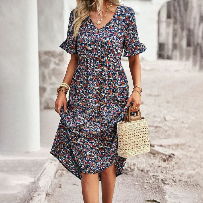 V-Neck Flutter Sleeve Floral Tiered Midi Dress