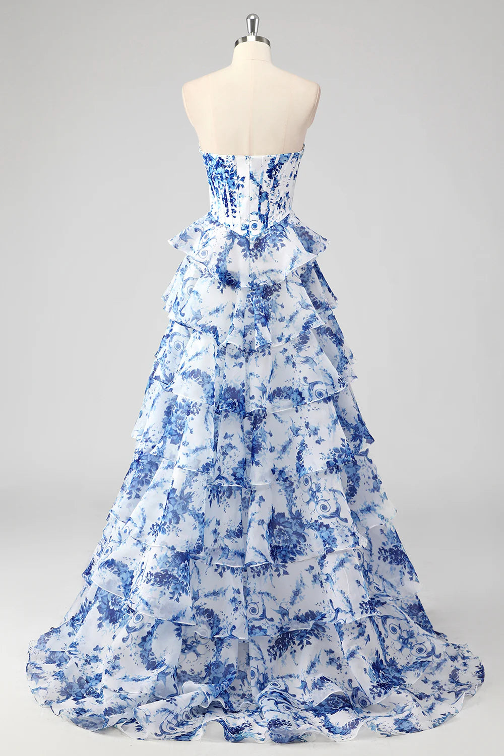Blush Floral A Line Strapless Corset Tiered Prom Dress