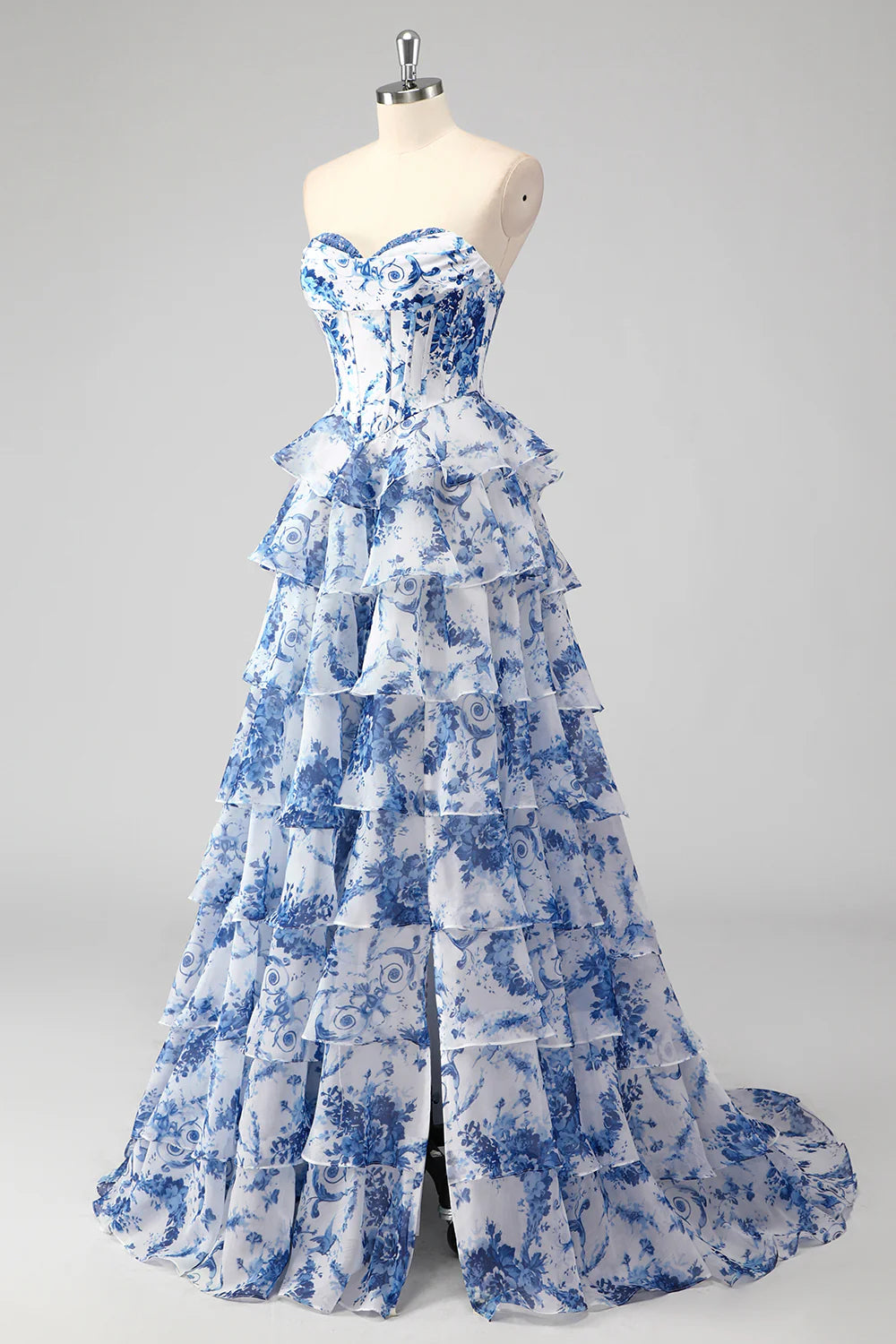 Blush Floral A Line Strapless Corset Tiered Prom Dress