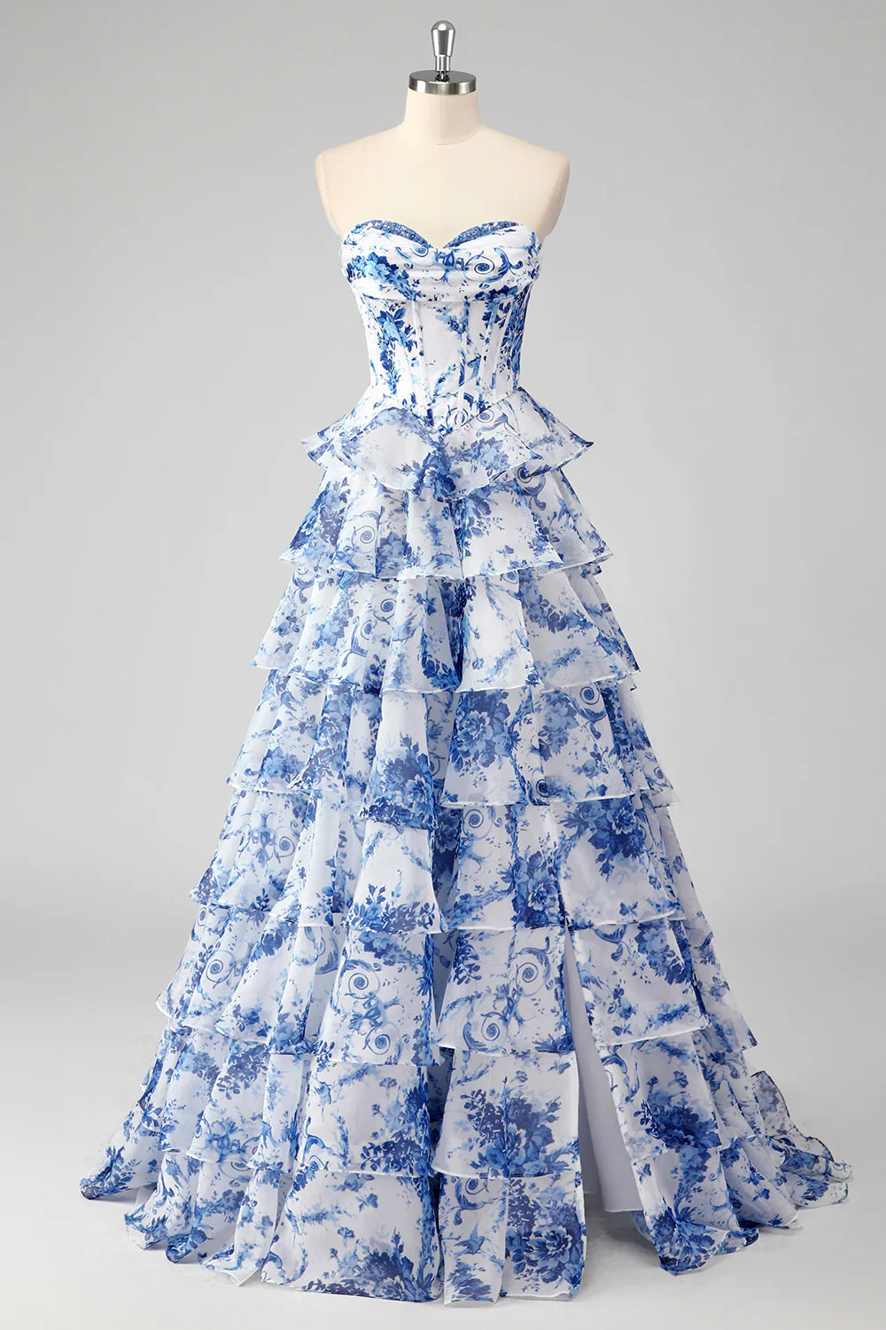 Blush Floral A Line Strapless Corset Tiered Prom Dress