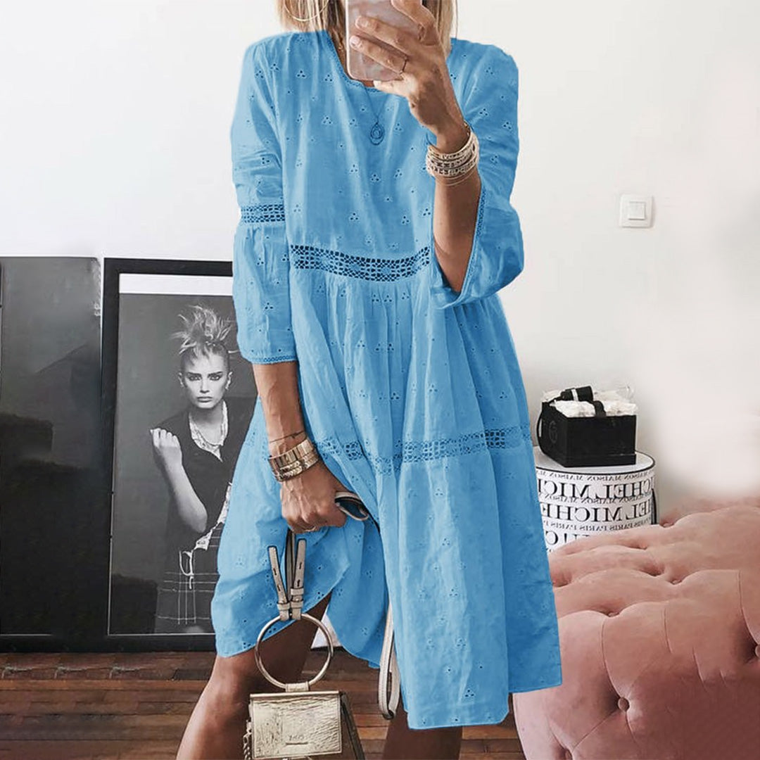 Eyelet Crochet Lace Insert Three Quarter Sleeve Smock Tiered Mini Dress