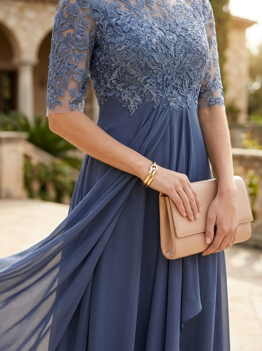Lace Bodice Short Sleeve Chiffon A-Line Midi Dress Wedding Guest