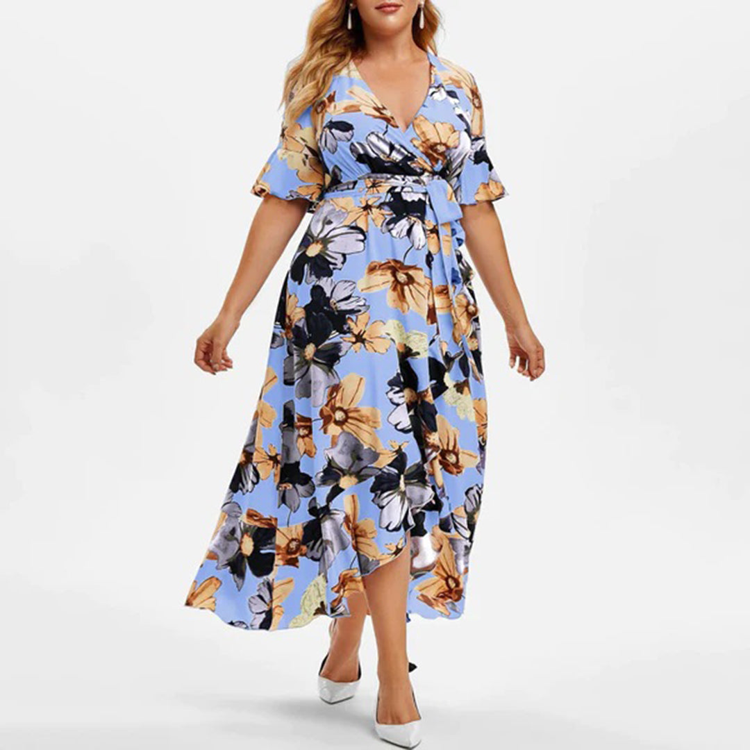 Floral V-Neck Flutter Sleeve Wrap Belted Maxi Dress