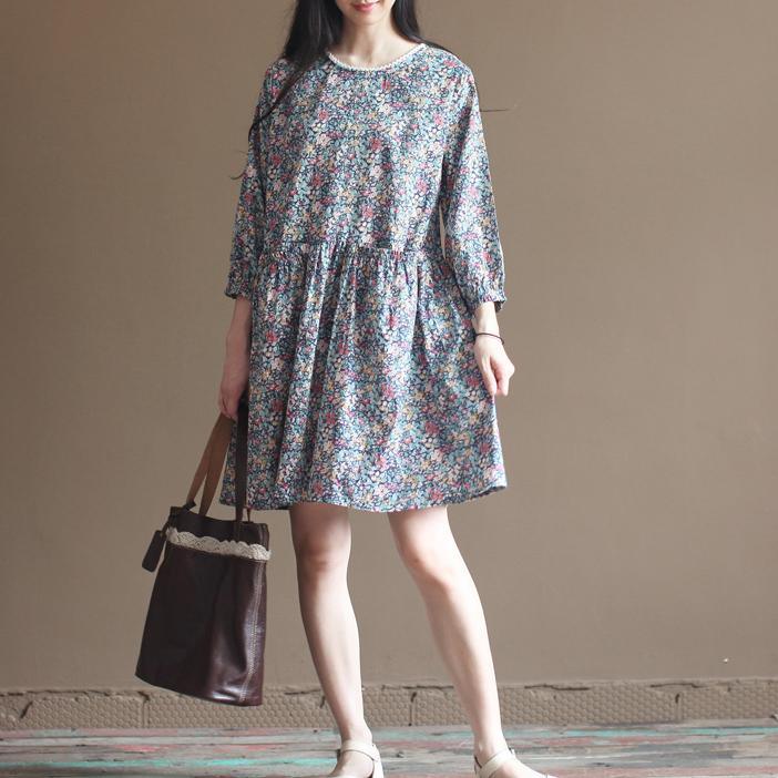 Blue floral cotton dresses bracelet sleeve fit flare dress long sleeve
