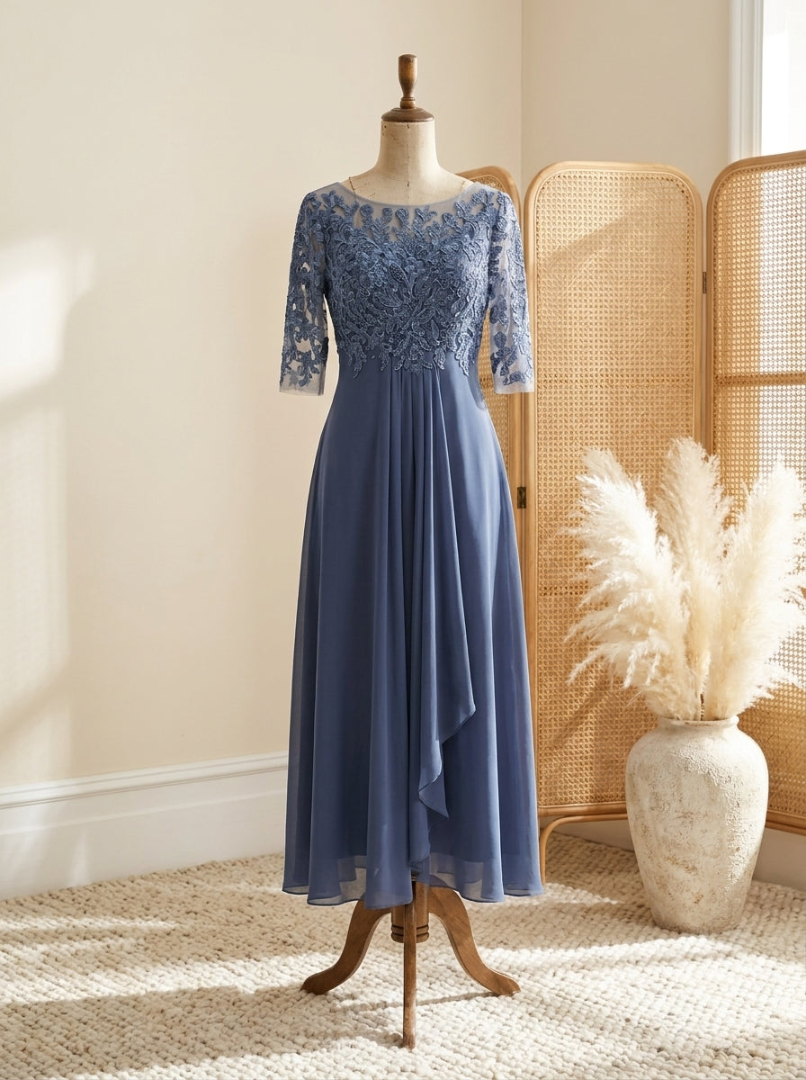 Lace Bodice Short Sleeve Chiffon A-Line Midi Dress Wedding Guest