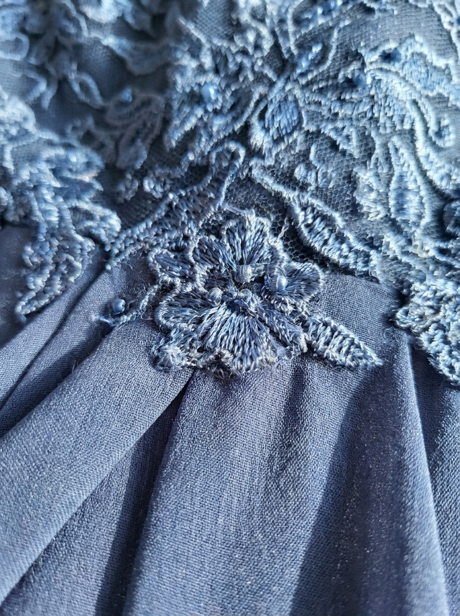 Lace Bodice Short Sleeve Chiffon A-Line Midi Dress Wedding Guest