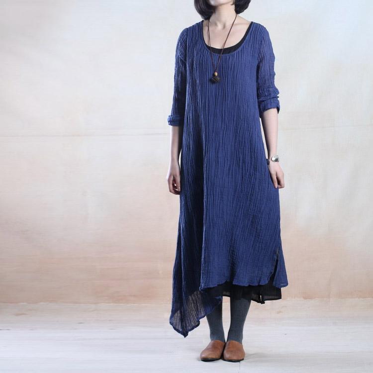 Blue layered pleated long linen dress maxis